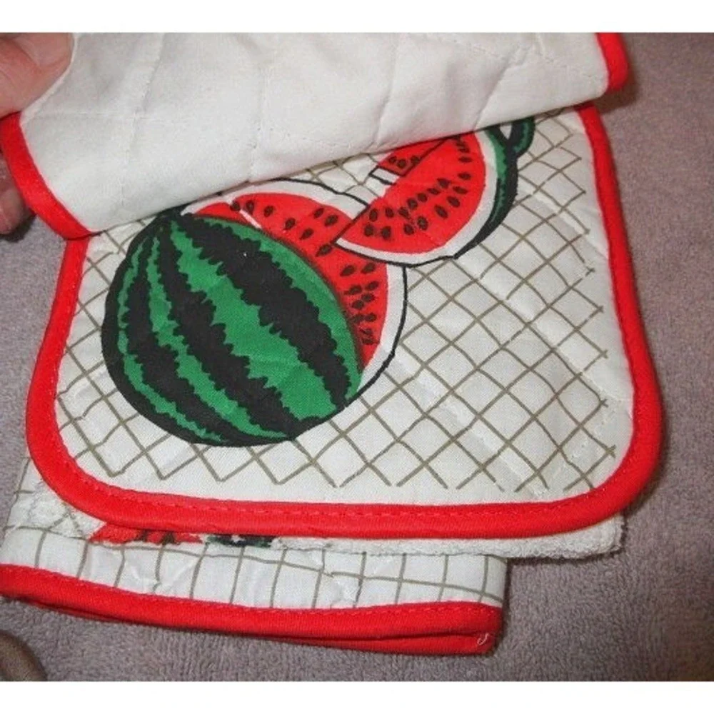 Vtg 80s Kitchen Linen Set 4 Piece Watermelon Towel Pot Holders Oven Mitt Whimsy